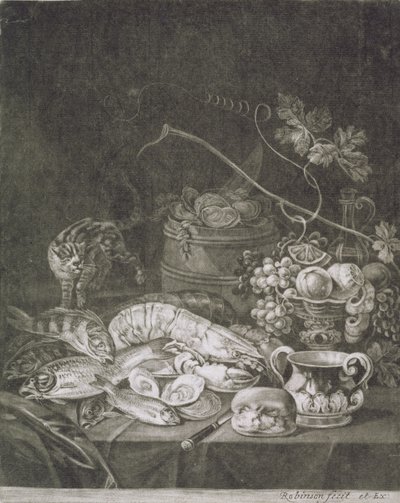Banquet Piece with Lobsters, Fish and Cat by Robert Robinson
